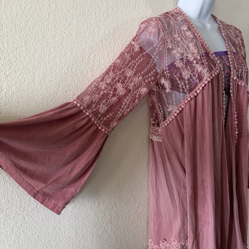 Indigo Thread Co. Boho Lace Mesh Kimono Cardigan Mauve Bell Sleeve Small